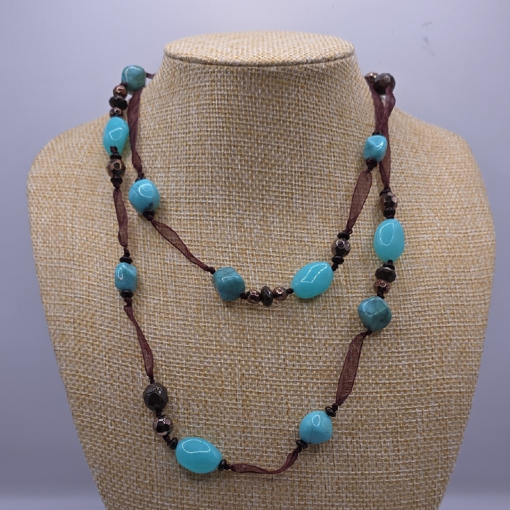 Elegant Faux Turquoise and Brown Ribbon Beaded Necklace